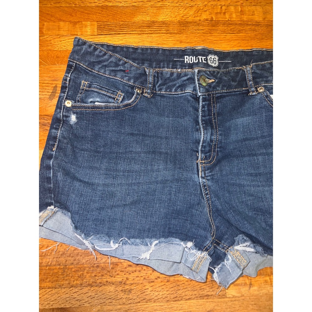 Route 66 Women 12 Blue Denim Jean Dark Wash Distressed Raw Cuffed Hem Shorts - Picture 3 of 6
